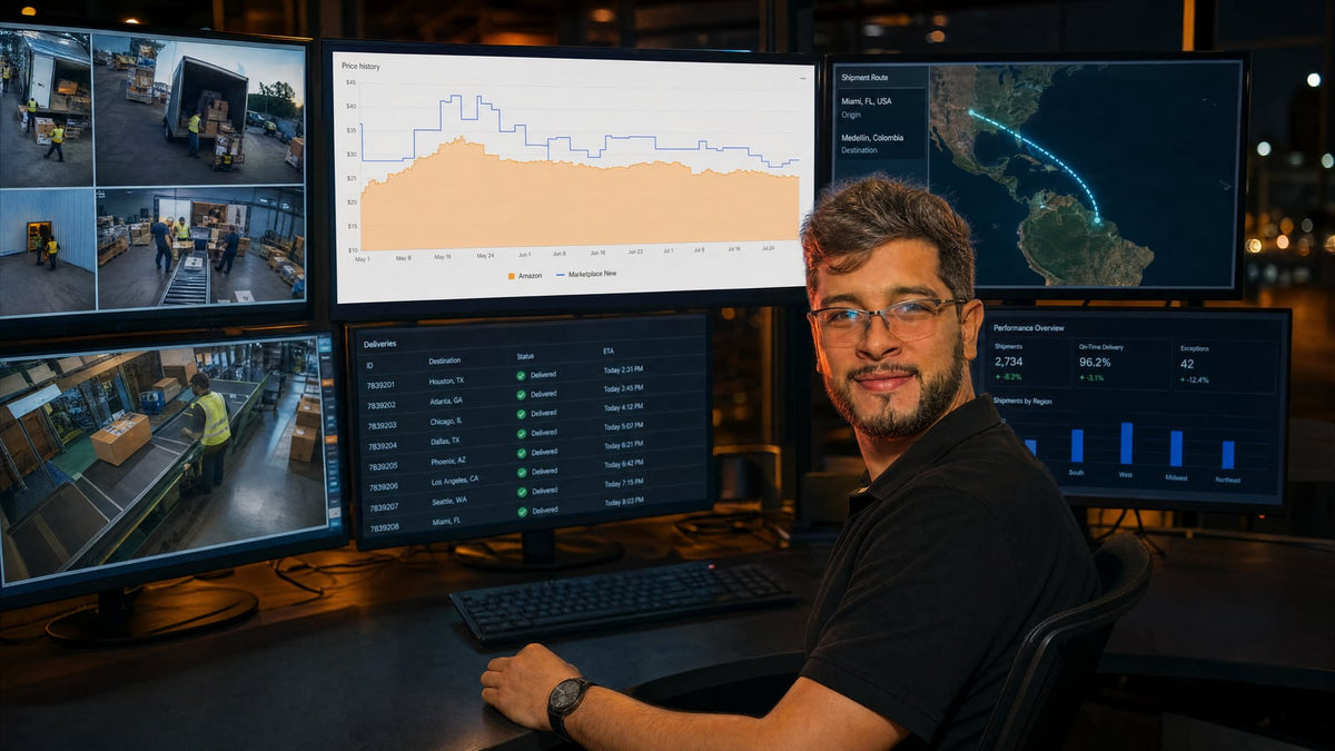 Centro de control de Celada Shopper: historial de precios de Amazon en Keepa, cámaras de bodega y ruta de envío de Miami a Medellín