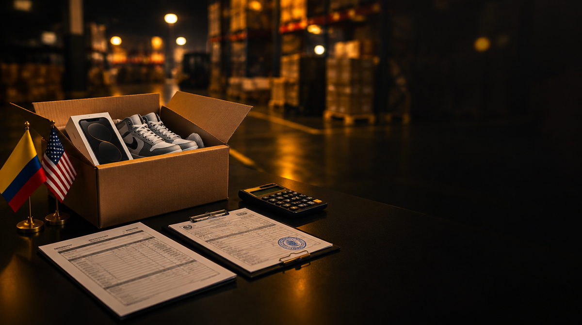 Caja con celular y tenis comprados en Estados Unidos junto a la factura, la declaración de aduana y una calculadora para calcular impuestos al traerlos a Colombia